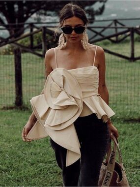 Elegant Cream Ruffle Peplum Spaghetti Strap Top